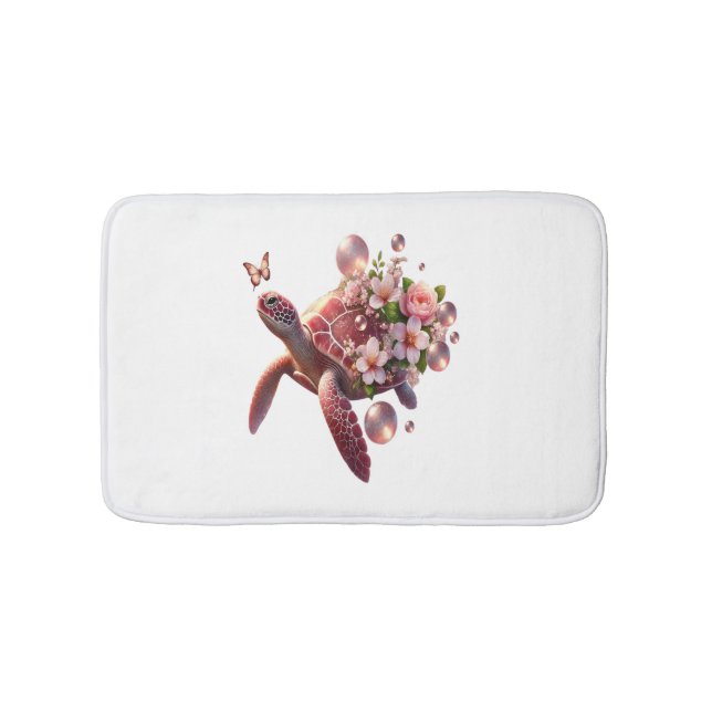Boho Floral Sea Turtle, Pink Blossom Bath Mat (Front)
