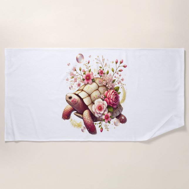 Boho Floral Sea Turtle Pink Blossom Beach Towel (Front)