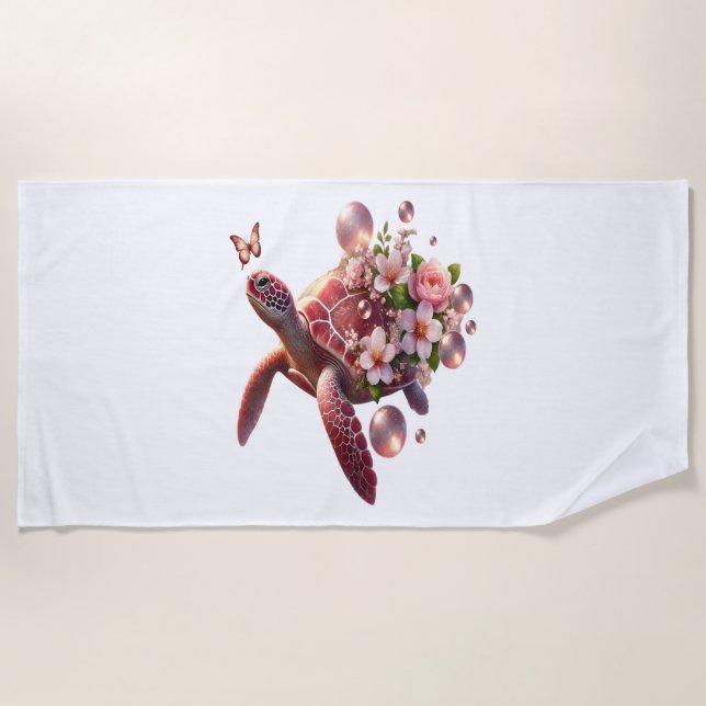 Boho Floral Sea Turtle, Pink Blossom Beach Towel (Front)
