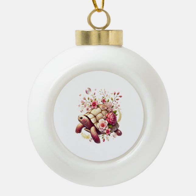 Boho Floral Sea Turtle Pink Blossom Ceramic Ball Christmas Ornament (Front)