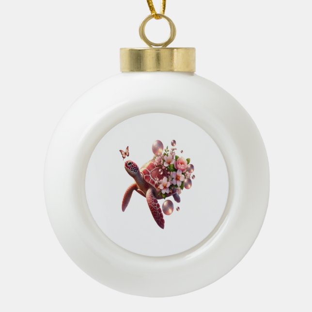 Boho Floral Sea Turtle, Pink Blossom Ceramic Ball Christmas Ornament (Front)