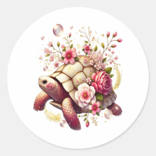 Boho Floral Sea Turtle Pink Blossom Classic Round Sticker