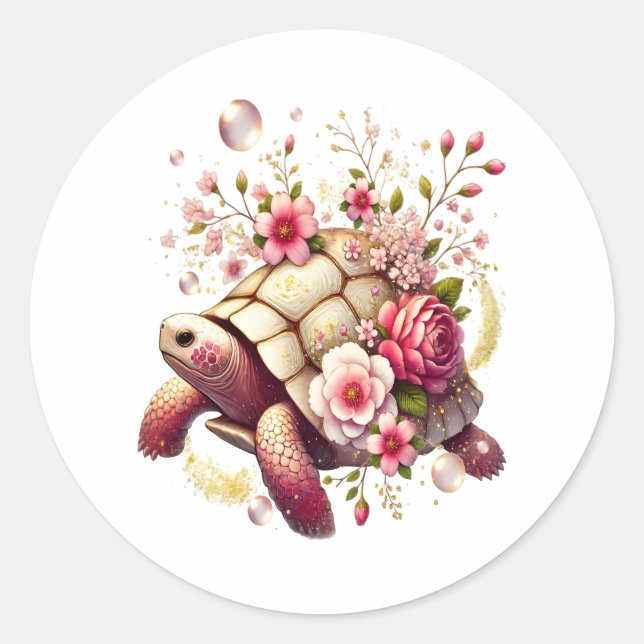 Boho Floral Sea Turtle Pink Blossom Classic Round Sticker (Front)