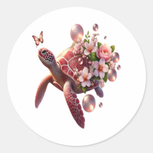 Boho Floral Sea Turtle, Pink Blossom Classic Round Sticker