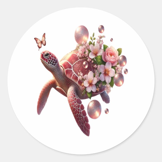 Boho Floral Sea Turtle, Pink Blossom Classic Round Sticker (Front)