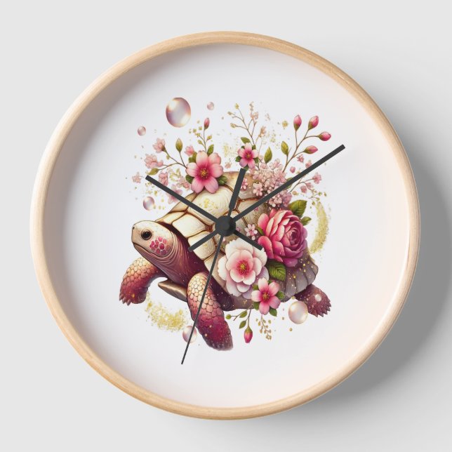 Boho Floral Sea Turtle Pink Blossom Clock (Front)