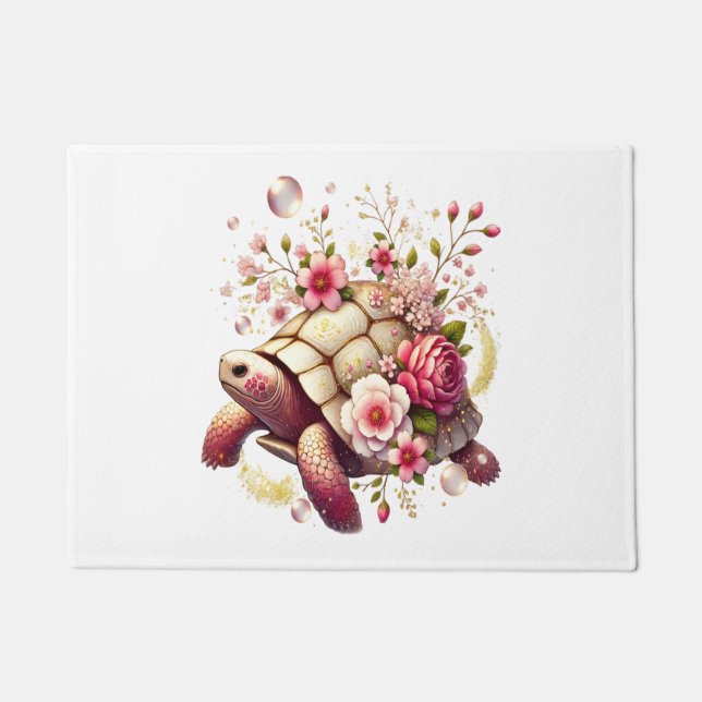Boho Floral Sea Turtle Pink Blossom Doormat (Front)