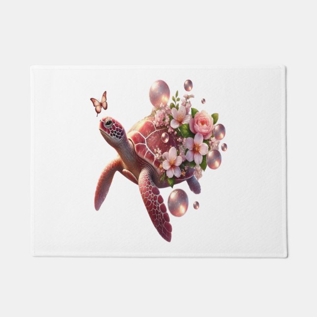 Boho Floral Sea Turtle, Pink Blossom Doormat (Front)