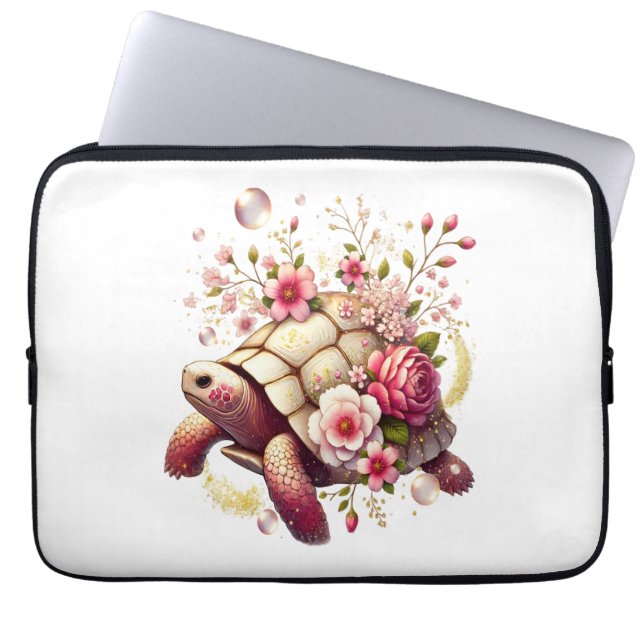 Boho Floral Sea Turtle Pink Blossom Laptop Sleeve (Front)