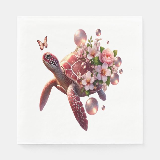Boho Floral Sea Turtle, Pink Blossom Napkin (Front)