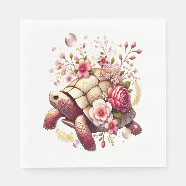 Boho Floral Sea Turtle Pink Blossom Napkin (Front)