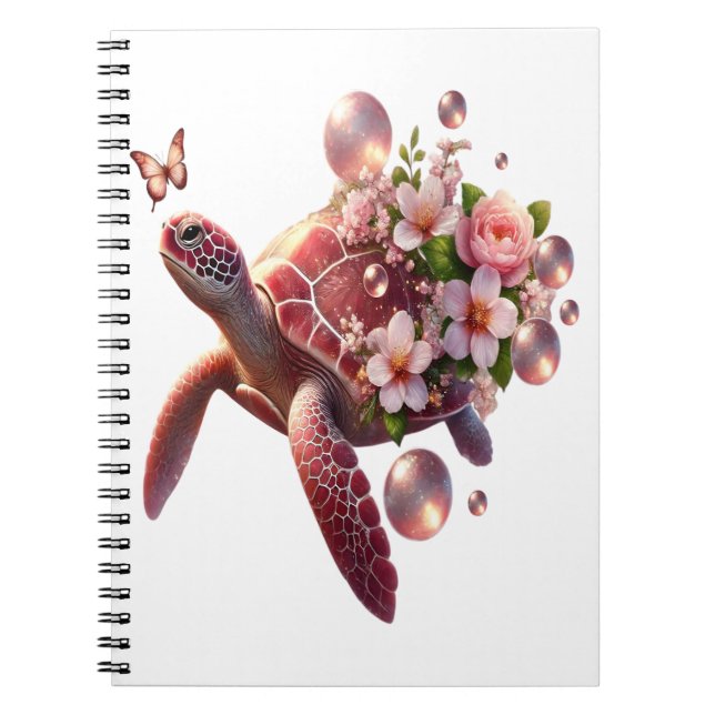 Boho Floral Sea Turtle, Pink Blossom Notebook (Front)