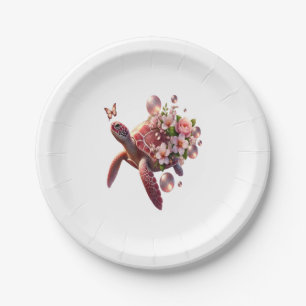 Boho Floral Sea Turtle, Pink Blossom Paper Plate