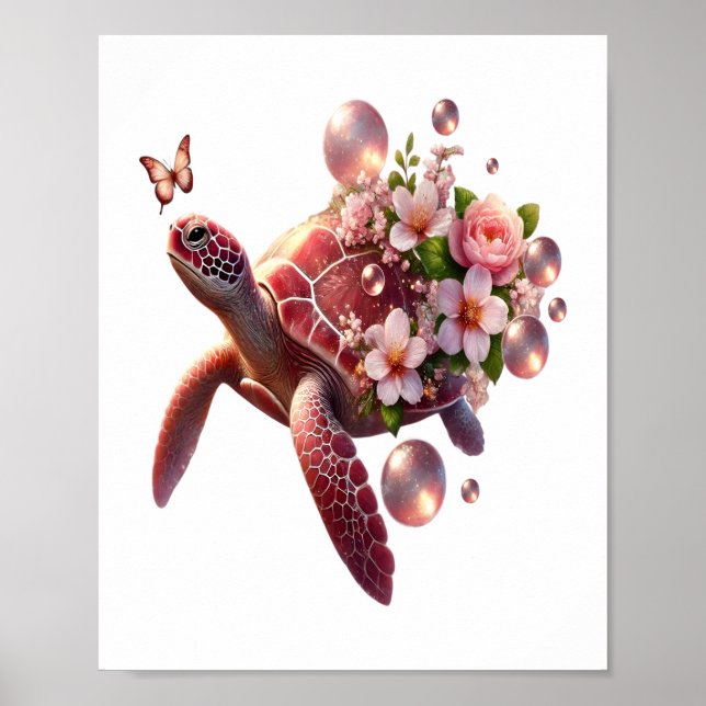Boho Floral Sea Turtle, Pink Blossom Poster (Front)