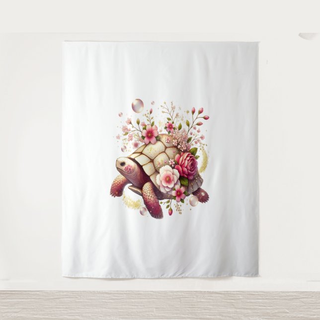Boho Floral Sea Turtle Pink Blossom Tapestry (Front)