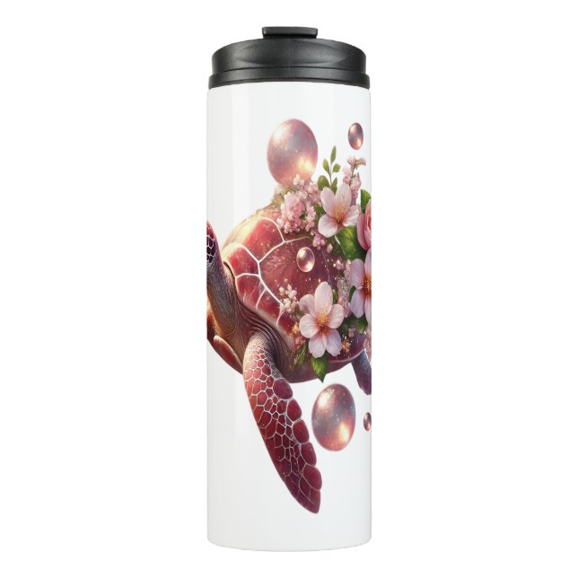 Boho Floral Sea Turtle, Pink Blossom Thermal Tumbler (Front)