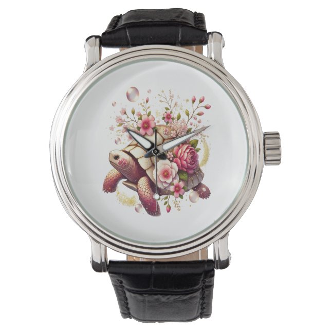 Boho Floral Sea Turtle Pink Blossom Watch (Front)