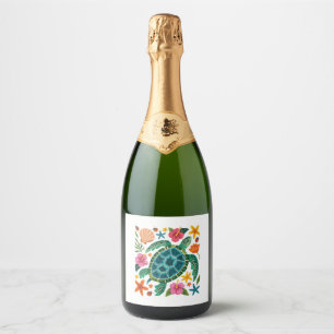 Boho Floral Sea Turtle Sparkling Wine Label