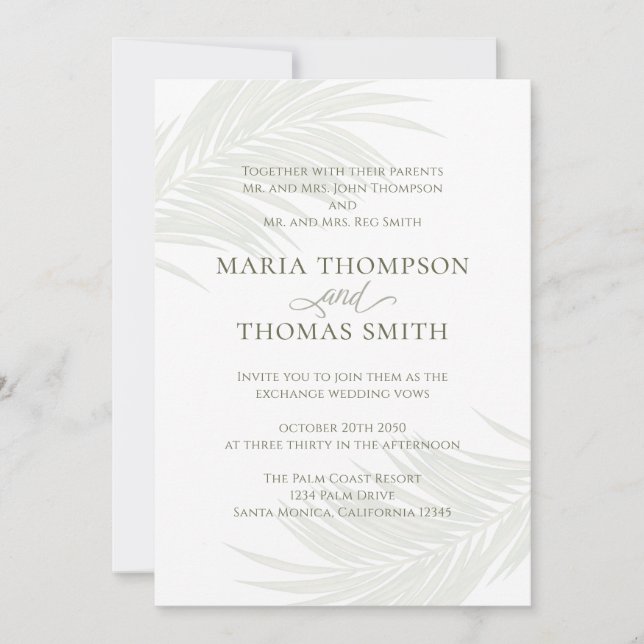 Boho Floral Simple Watercolor Green Palm Leaves Invitation (Front)