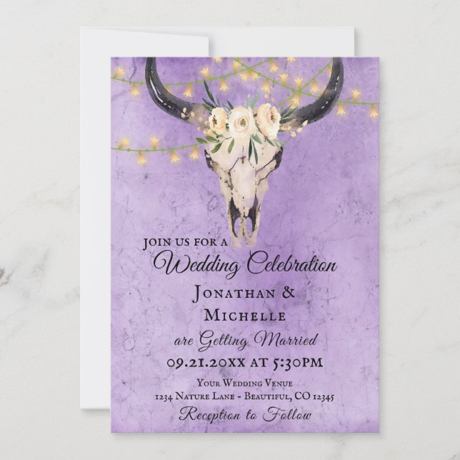 Boho Floral Skull and String Lights Purple Wedding Invitation (Front)