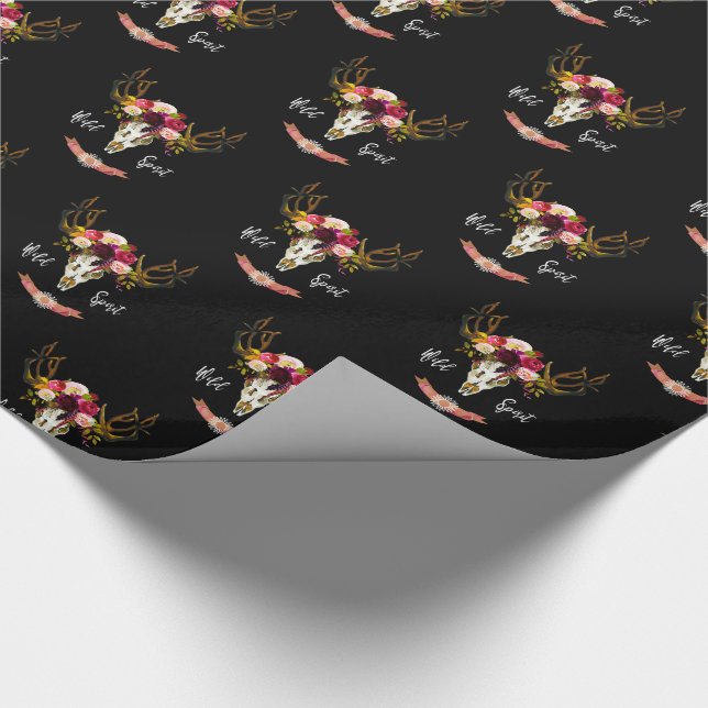 Boho Floral Skull Bohemian Flower Hippie Gift Bull Wrapping Paper (Corner)