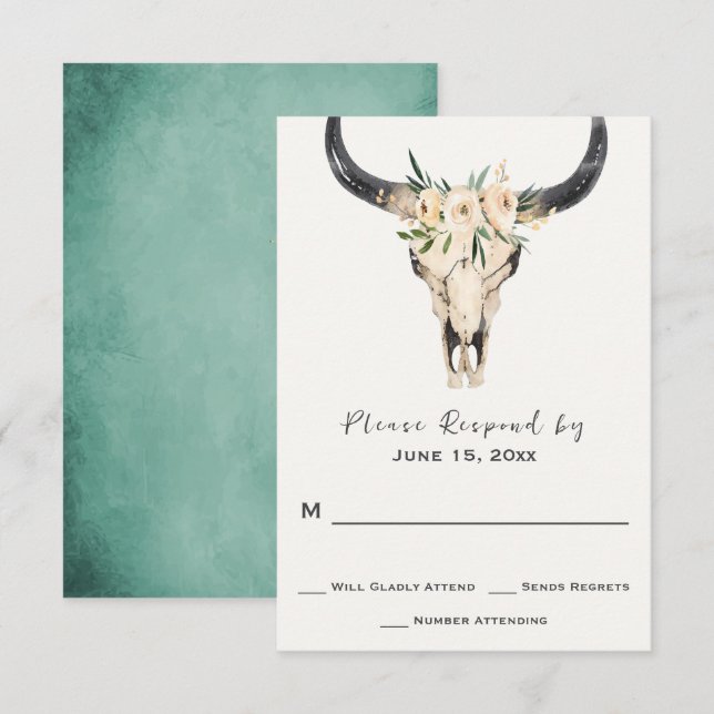 Boho Floral Skull on Turquoise Background Wedding RSVP Card (Front/Back)