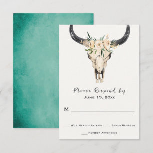 Boho Floral Skull on Turquoise Background Wedding RSVP Card