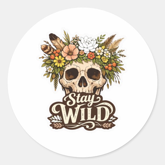 Boho Floral Skull "Stay Wild" Aesthetic Sticker (Front)