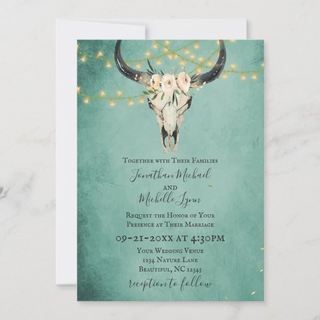 Boho Floral Skull, String Lights Turquoise Wedding Invitation (Front)