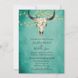 Boho Floral Skull, String Lights Turquoise Wedding Invitation