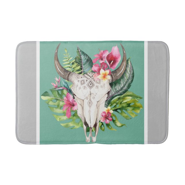 Boho Floral Skull Teal & Chic Grey Modern Glam Bath Mat (Front)