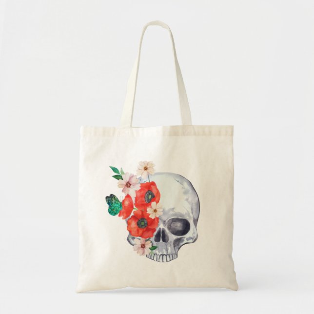 Boho Floral Skull Tote Bag (Front)