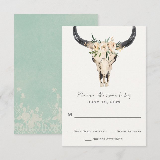Boho Floral Skull with Light Turquoise Wedding RSVP Card (Front/Back)