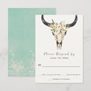 Boho Floral Skull with Light Turquoise Wedding RSVP Card