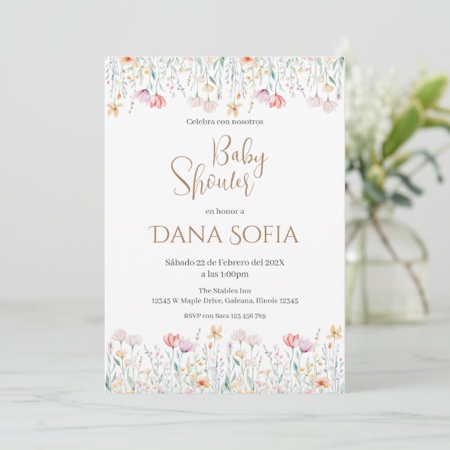 Boho floral Spanish Baby Shower Girl invitation (Standing Front)