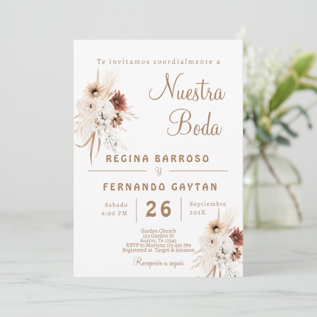 Boho Floral Spanish Wedding invitation (Standing Front)