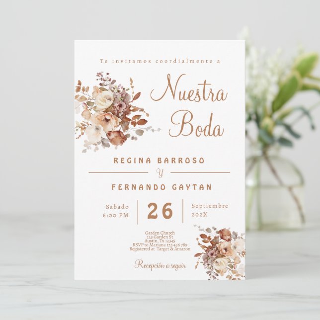 Boho Floral Spanish Wedding invitation (Standing Front)