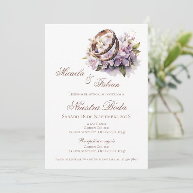 Boho Floral Spanish with ring Wedding Invitation (Standing Front)