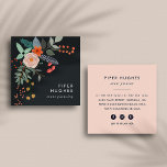 Boho Floral Square Business Card<br><div class="desc">Lighthearted floral business cards in a unique square format feature a boho style bouquet in shades of coral and green, accented with a feather and greenery. Add your name and business name or title/occupation in the lower right corner, against a rich off-black background. Cards reverse to dark lettering on a...</div>