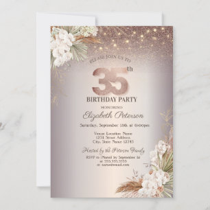 Boho Floral,String Lights Glitter 35th Birthday Invitation