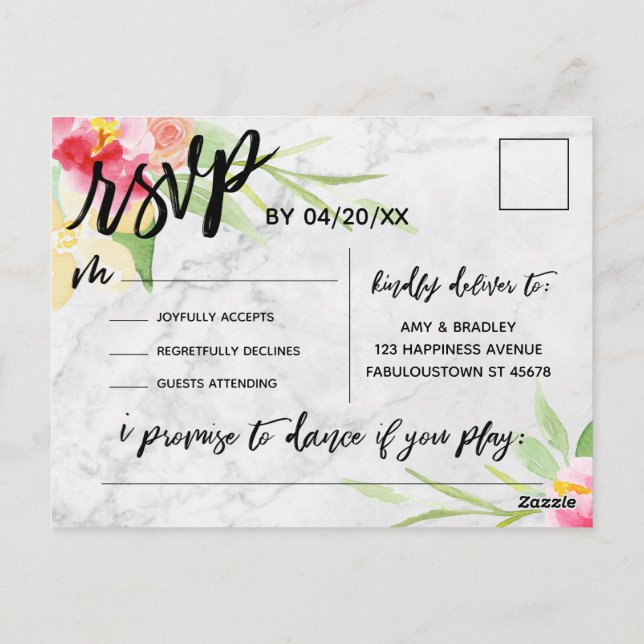 Boho Floral Subtle Marble Song Request RSVP Postcard (Back)