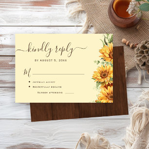 Boho floral sunflower barn wood wedding RSVP card