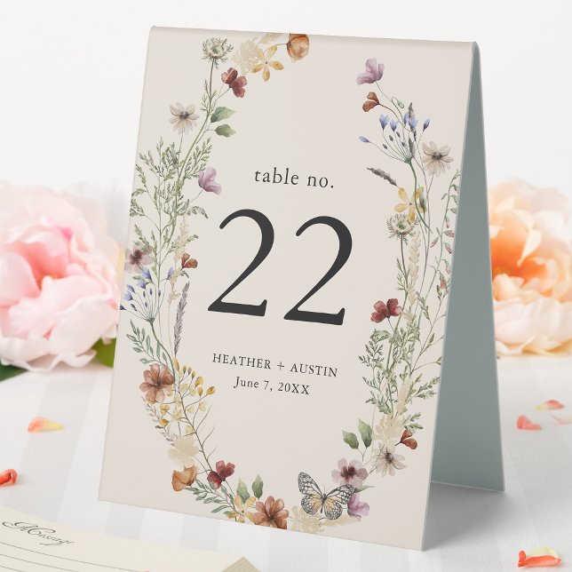 Boho Floral Table Tent Sign (Tan Boho Wildflowers Floral Wedding Table Tent Sign by Painted Paperie
)