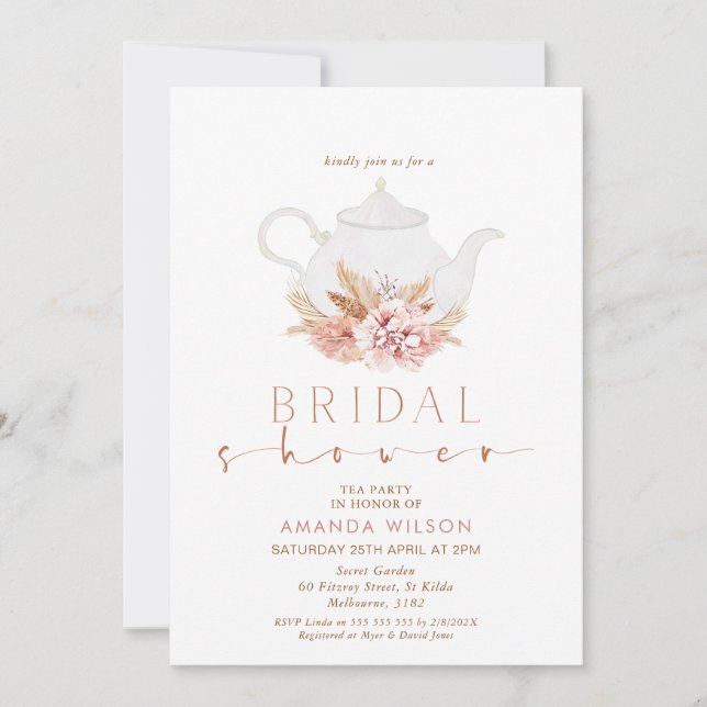Boho Floral Teapot Tea Party Bridal Shower Invitation (Front)