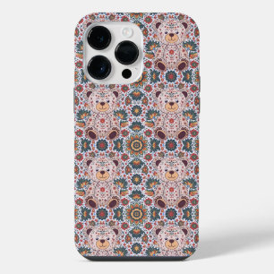 Boho Floral Teddy Bear and Ornate Mandala Seamless iPhone 14 Pro Max Case