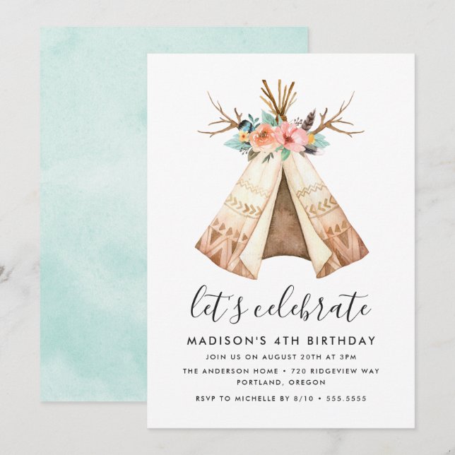 Boho Floral Teepee | Birthday Party Invitation (Front/Back)