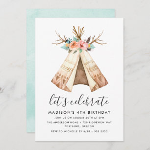 Boho Floral Teepee   Birthday Party Invitation