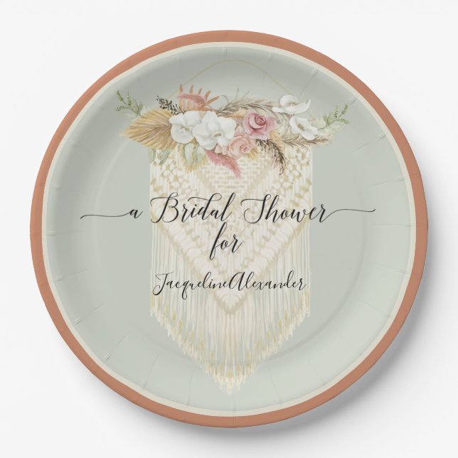 BOHO Floral Terra Cotta Pampas Grass Bridal Shower Paper Plate (Front)