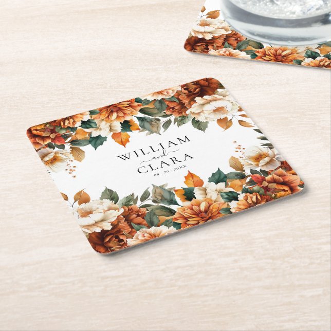 Boho Floral Terracotta Watercolor Wedding Square Paper Coaster (Angled)