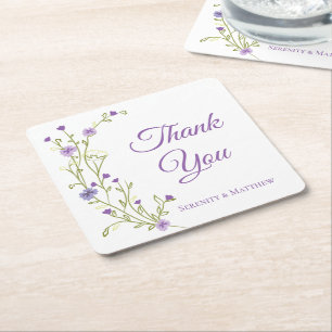 Boho Floral Thank You Purple Wildflower Wedding  Square Paper Coaster